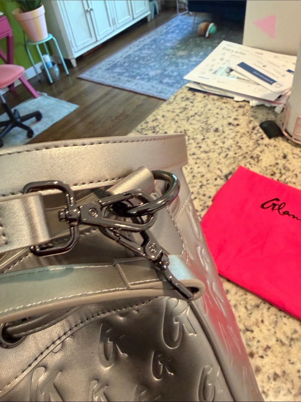 Glam-Aholic Monogram Metallic Silver Embossed Drawstring Bucket Shoulder Bag - Picture 14 of 15